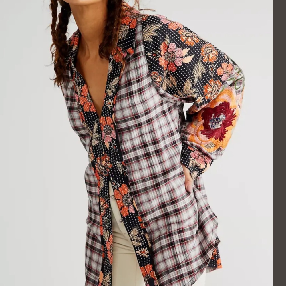 Free People Coast to Coast Floral Plaid Embroidered Top A615-2